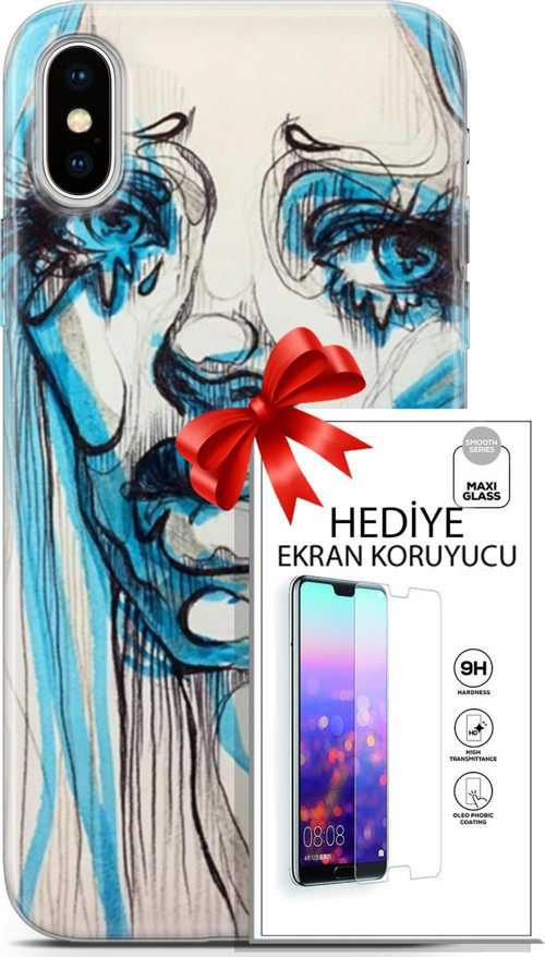Apple İphone X - Xs Kılıf Orijinal Seri Soul 26 Hüzünlü Yüz Soft Kapak + Ekran Koruyucu