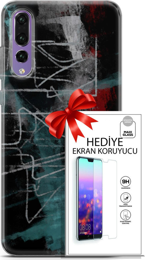 Huawei P20 Pro Kılıf Orijinal Seri Nature 07 Gri Çizgiler Desenli Kılıf + Ön Ekran Koruyucu