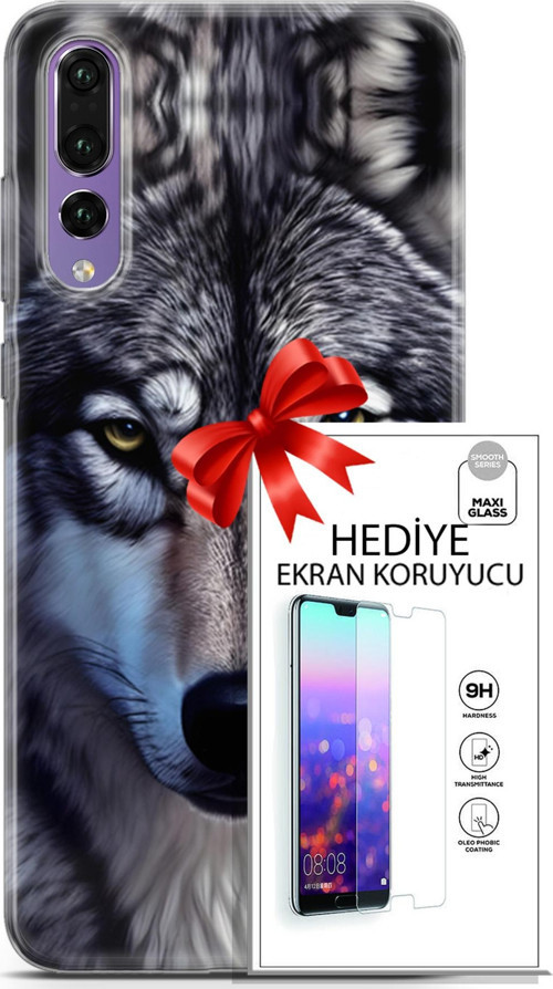 Huawei P20 Pro Kılıf Orijinal Seri Dogs 07 Kurt Yüz Desenli Kılıf + Ön Ekran Koruyucu