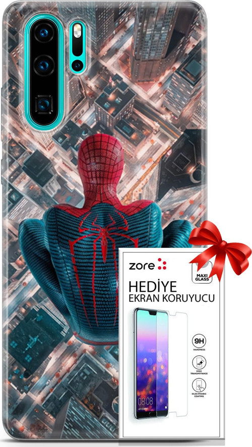 Huawei P30 Pro Kılıf Orijinal Seri Supers 07 Spider Man Newyork Desenli Kılıf + Ön Ekran Koruyucu