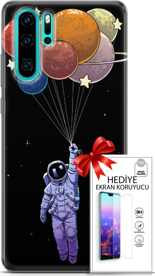 Huawei P30 Pro Kılıf Orijinal Seri Algorand 07 Uçan Balon Astronot Desenli Kılıf + Ön Ekran Koruyucu