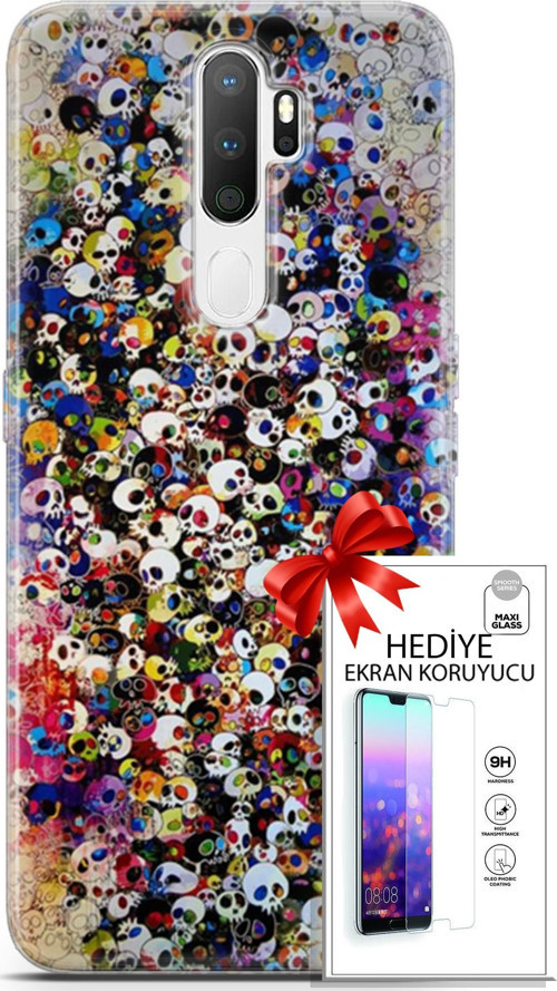 Oppo A5 2020 Kılıf Orijinal Seri Cardano 08 Kurukafalar Baskılı Kılıf + Ekran Koruyucu