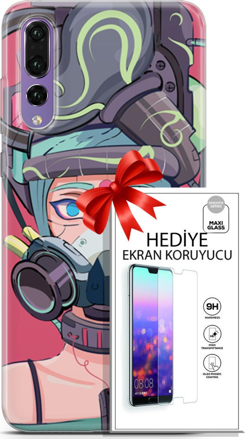 Huawei P20 Pro Kılıf Orijinal Seri Cyberpunk 06 Gaz Maskesi Koruyucu Kapak Ekran Koruyucu