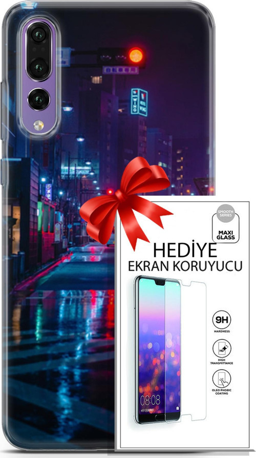 Huawei P20 Pro Kılıf Orijinal Seri Cyberpunk 15 Neon Cadde Kalın Silikon + Ekran Koruyucu