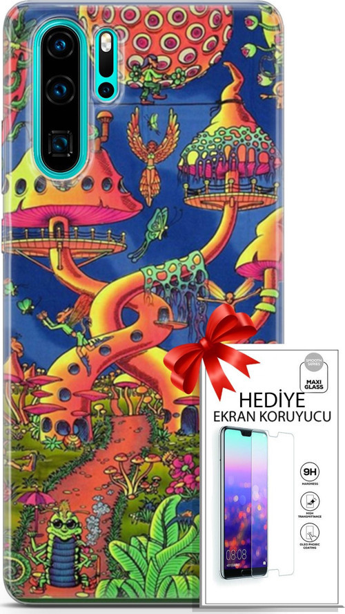 Huawei P30 Pro Kılıf Orijinal Seri Cardano 05 Mantar Evler Koruma Kılıfı + Ekran Koruyucu