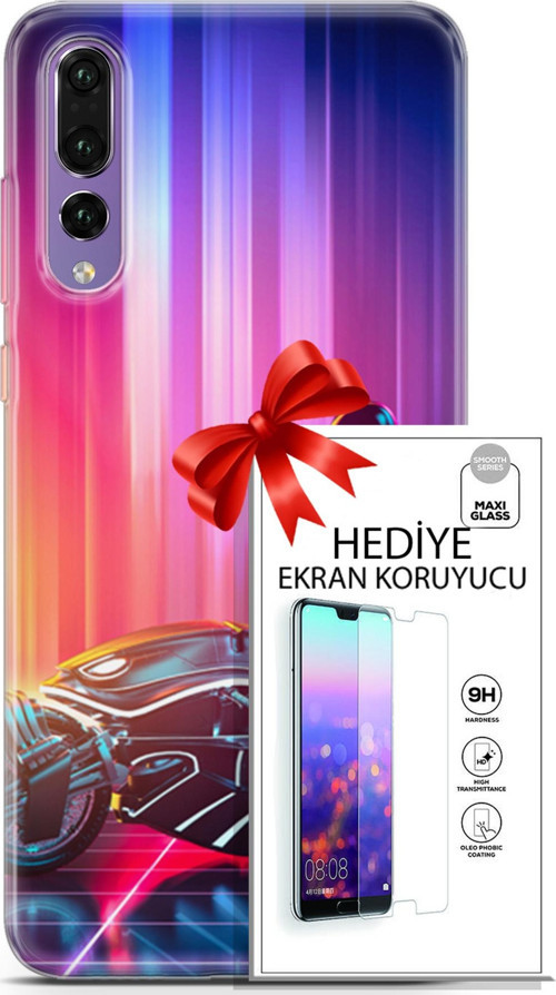 Huawei P20 Pro Kılıf Orijinal Seri Cyberpunk 08 Punk Motorsiklet Baskılı Kılıf + Ekran Koruyucu