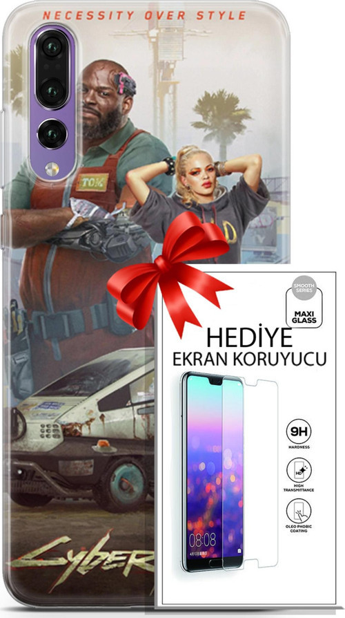 Huawei P20 Pro Kılıf Orijinal Seri Cyberpunk 21 2077 Darbe Önleyici Kapak + Ön Ekran Koruyucu