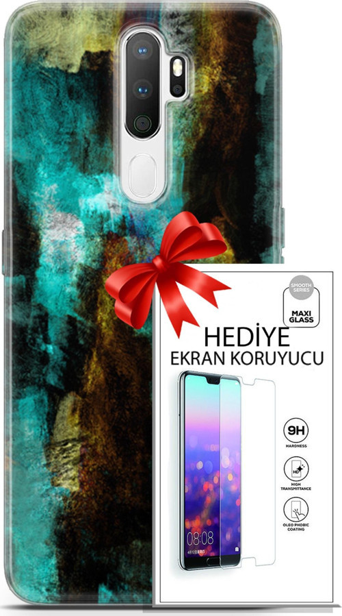 Oppo A5 2020 Kılıf Orijinal Seri Nature 12 Kahve Yeşil Tasarım Kılıf + Ekran Koruyucu