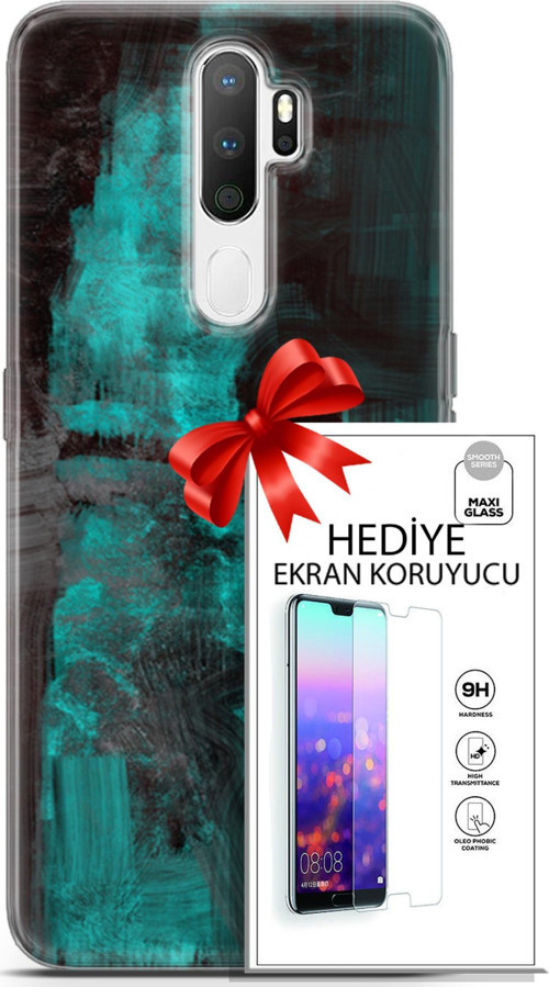Oppo A5 2020 Kılıf Orijinal Seri Nature 11 Yeşil Siyah 4K Baskılı Kılıf + Ekran Koruyucu Full Koruma