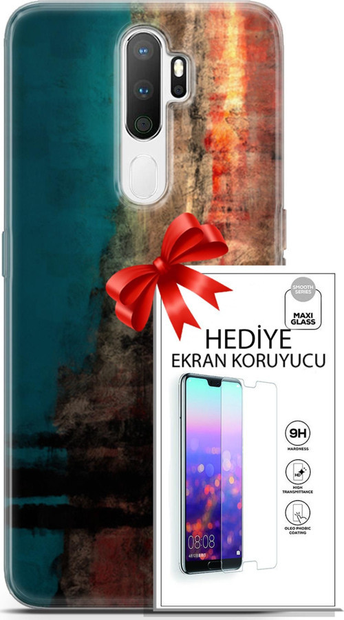 Oppo A5 2020 Kılıf Orijinal Seri Nature 03 Yeşil Turuncu Taş Arka Kapak + Ekran Koruyucu