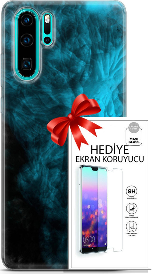 Huawei P30 Pro Kılıf Orijinal Seri Nature 15 Mavi Taşlar Kalın Silikon + Ekran Koruyucu