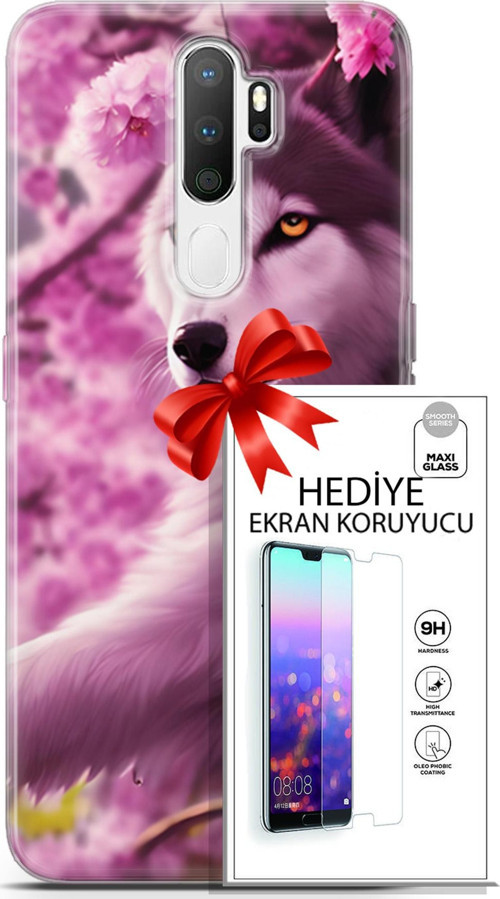 Oppo A5 2020 Kılıf Orijinal Seri Dogs 02 Çiçekler Ve Kurt Kapak Ve Ekran Koruyucu