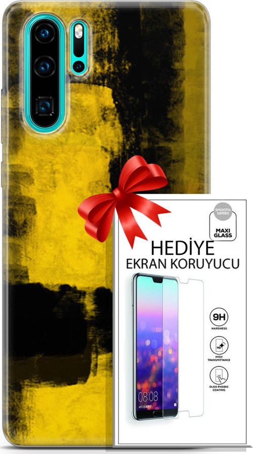 Huawei P30 Pro Kılıf Orijinal Seri Nature 08 Sarı Siyah Baskılı Kılıf + Ekran Koruyucu