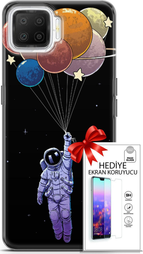 Oppo A73 Kılıf Orijinal Seri Algorand 07 Uçan Balon Astronot Desenli Kılıf + Ön Ekran Koruyucu