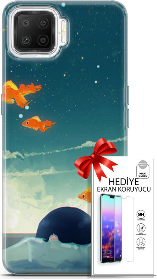Oppo A73 Kılıf Orijinal Seri Algorand 29 Uçan Balıklar Leke Tutmaz Kapak + Ekran Koruyucu
