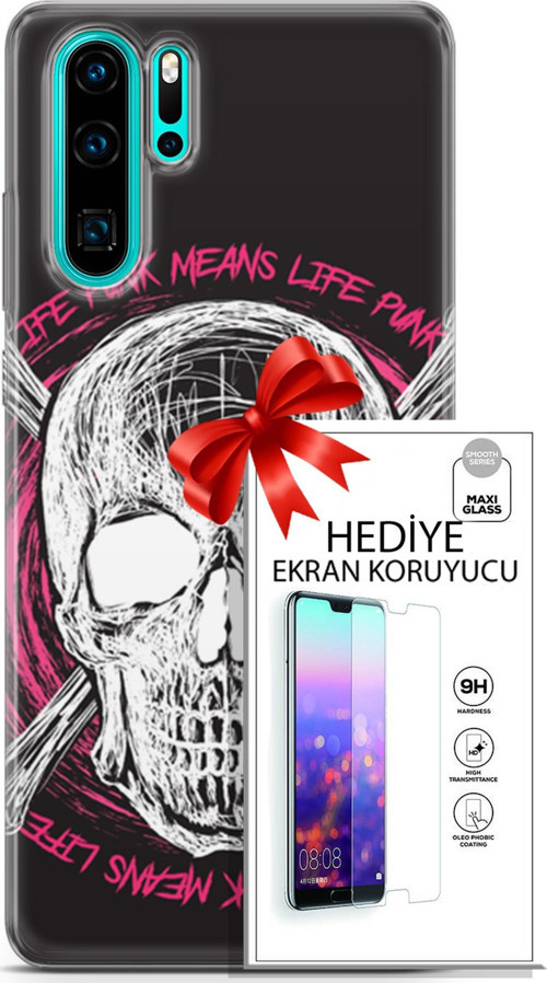 Huawei P30 Pro Kılıf Orijinal Seri Punky 10 Punk Kurukafa Full Hd Kılıf + Ekran Koruyucu