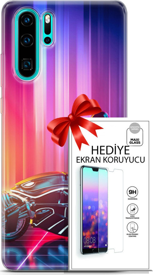 Huawei P30 Pro Kılıf Orijinal Seri Cyberpunk 08 Punk Motorsiklet Baskılı Kılıf + Ekran Koruyucu