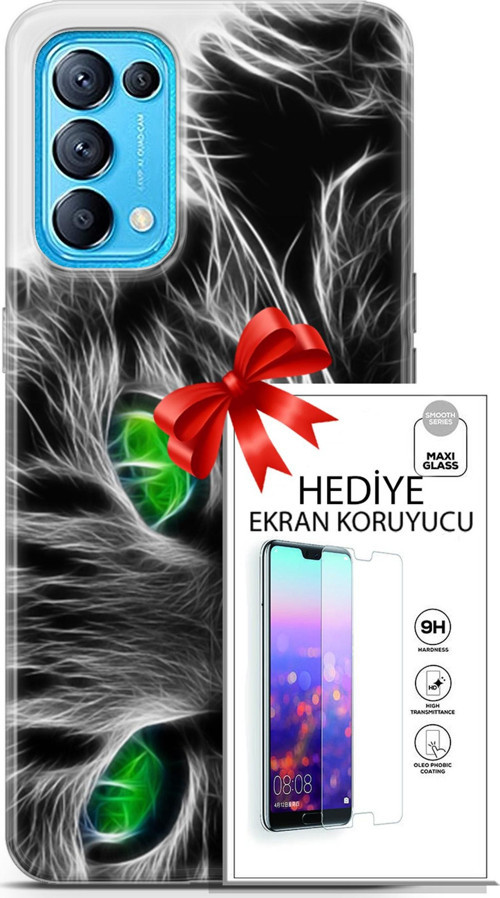 Oppo Reno 5 Pro Kılıf Orijinal Seri Scotish-British 27 Yeşil Gözlü Kedi Lazer Kesim Silikon Ekran Koruyucu