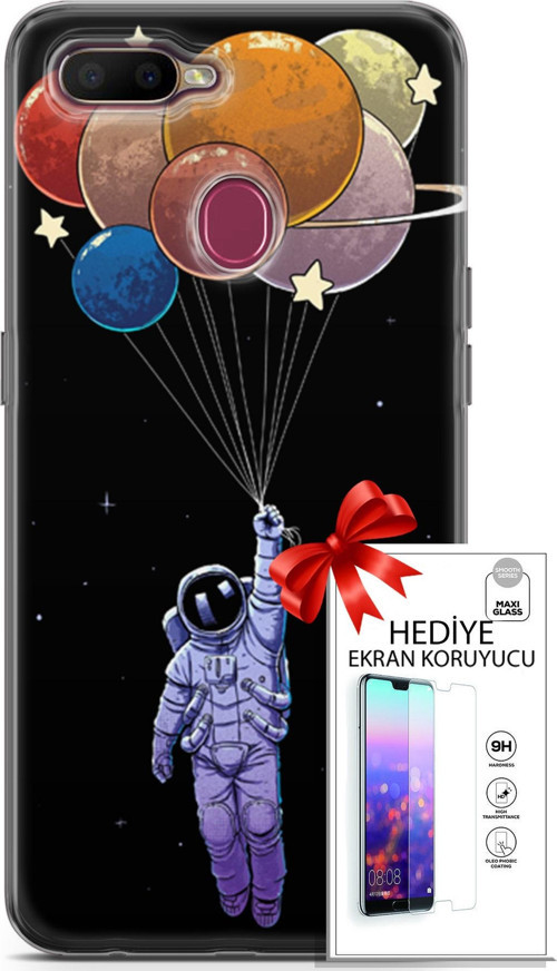 Oppo Ax7 Kılıf Orijinal Seri Algorand 07 Uçan Balon Astronot Desenli Kılıf + Ön Ekran Koruyucu