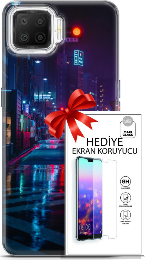 Oppo A73 Kılıf Orijinal Seri Cyberpunk 15 Neon Cadde Kalın Silikon + Ekran Koruyucu