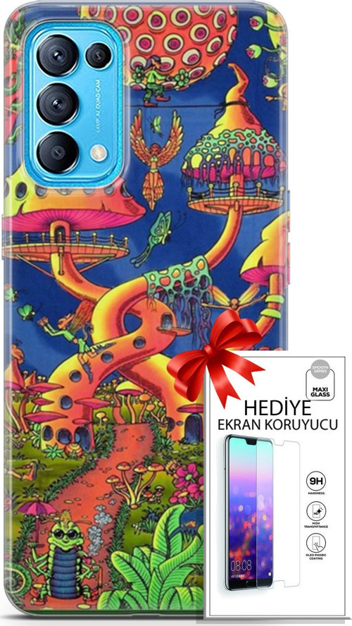 Oppo Reno 5 Pro Kılıf Orijinal Seri Cardano 05 Mantar Evler Koruma Kılıfı + Ekran Koruyucu