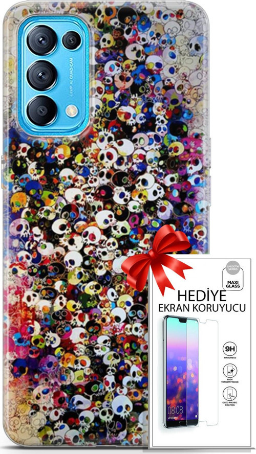 Oppo Reno 5 Pro Kılıf Orijinal Seri Cardano 08 Kurukafalar Baskılı Kılıf + Ekran Koruyucu