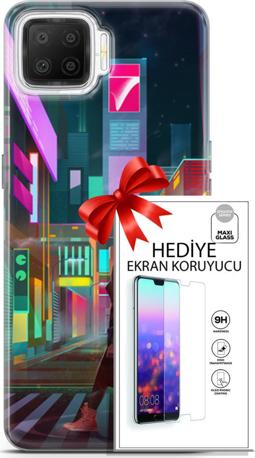 Oppo A73 Kılıf Orijinal Seri Cyberpunk 05 Neon City Koruma Kılıfı + Ekran Koruyucu