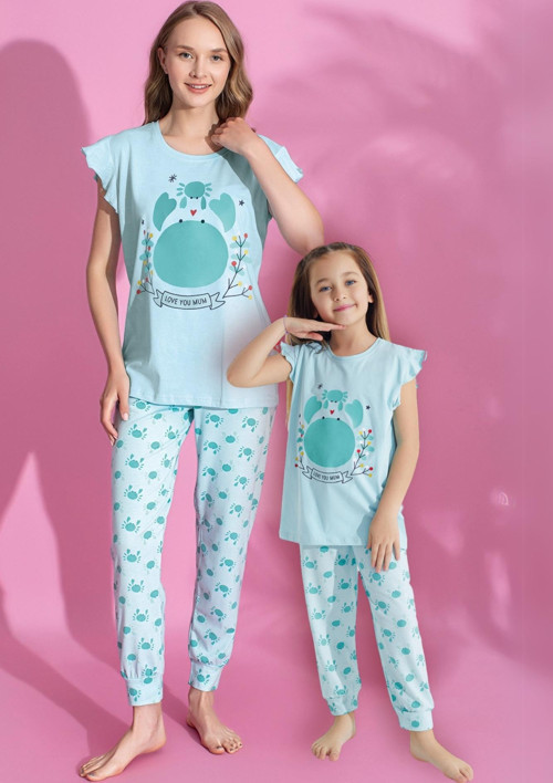 Anne Kız Kombin Desenli Viskon Fırfır Kollu Pijama Takımı (ANNE KIZ AYRI SATILIR)