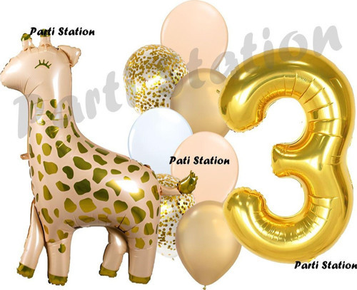 Zürafa Balon Set Safari Zürafa 3 Yaş Balon Set Sevimli Zürafa Ve Gold Rakam Balon Doğum Günü Set