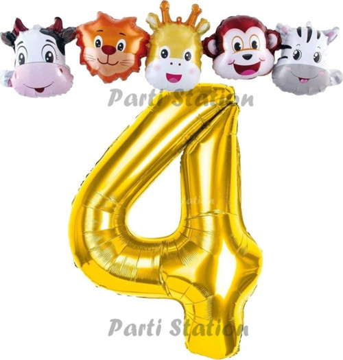 Altın Renk Rakam Balonlu Safari 4 Yaş Doğum Günü Parti Balon Set Safari Hayvanlar Tema Parti