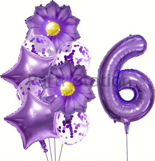 Mor Papatya 6 Yaş Balon Set Mor Papatya Konsept Doğum Günü Balon Set