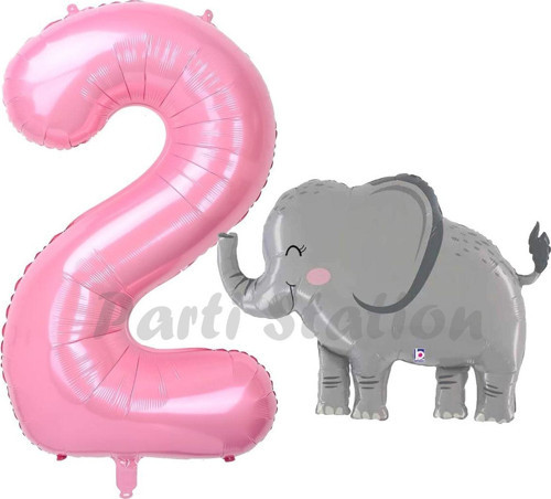 Sevimli Fil Balon 2 Yaş Doğum Günü Balon Set Safari Konsept Fil Balon Ve Pembe Renk Rakam Balon