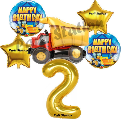 İnşaat Konsept 2 Yaş Doğum Günü Balon Set Kamyon Balon Ve Gold Rakam Balon Doğum Günü Parti Set