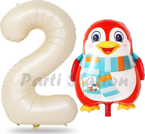 Sevimli Penguen Balon 2 Yaş Doğum Günü Balon Set Penguen Konsept Ve Krem Renk Rakam Balon