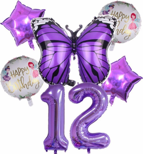 Mor Kelebek Mor Renk 12 Yaş Rakam Balon Set Doğum Günü Parti Mor Renk Helyum Balon Mor Rakam Balon