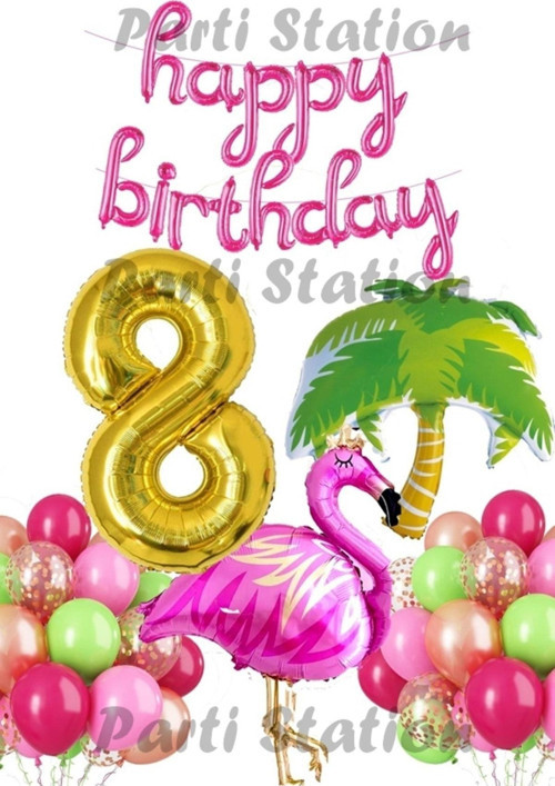 Tropikal Konsept Parti Flamingo 8 Yaş Doğum Günü Balon Seti Yaz Temalı Tropikal Flamingo Parti