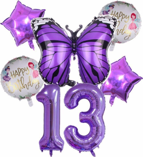 Mor Kelebek Mor Renk 13 Yaş Rakam Balon Set Doğum Günü Parti Mor Renk Helyum Balon Mor Rakam Balon