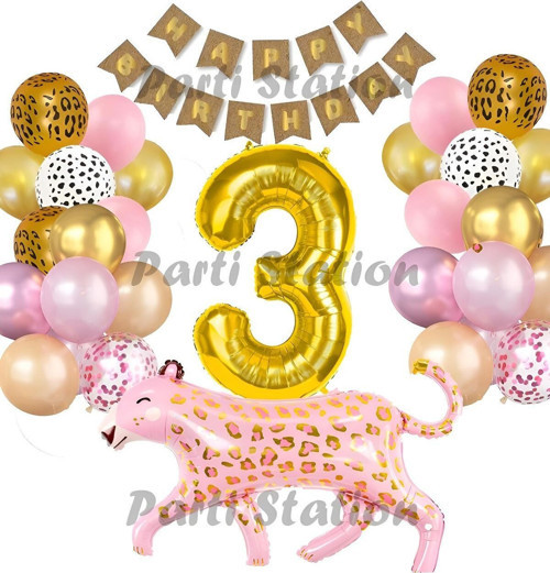 Pembe Leopar 3 Yaş Balon Set Safari Leopar Doğum Günü Parti Balon Set Pembe Panter Jungle Balon Set