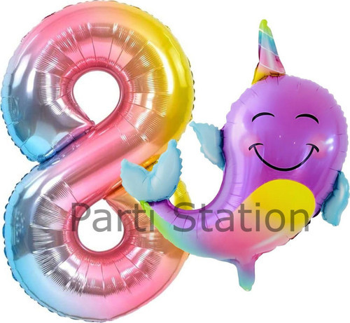 Unicorn Balina Balon 8 Yaş Set Okyanus Konsept Unicorn Yunus Balığı Ve Renkli Rakam Balon Set