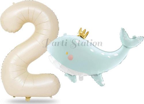 Sevimli Yeşil Balina 2 Yaş Balon Set Deniz Okyanus Canlıları Konsept Balon Ve Krem Rakam Balon