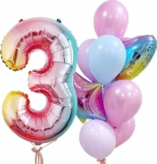Gökkuşağı Balon Renkli Yaş Balon Rakam Konsept 3 Yaş Balon Doğum Günü Set Yaş Balon Set