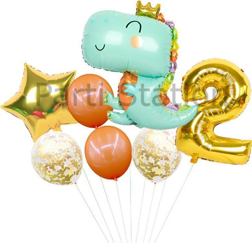 Sevimli Yeşil Dinozor Konsept 2 Yaş Balon Set Jurassic Dinozor Tema Doğum Günü Folyo Balon Set