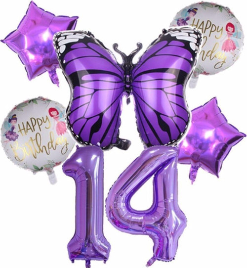 Mor Kelebek Mor Renk 14 Yaş Rakam Balon Set Doğum Günü Parti Mor Renk Helyum Balon Mor Rakam Balon