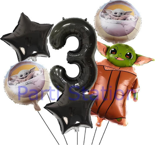 Star Wars Yoda 1 Yaş Siyah Rakam Balon Set Yıldız Savaşları Yoda Konsept Doğum Günü Balon Set