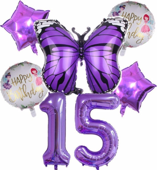Mor Kelebek Mor Renk 15 Yaş Rakam Balon Set Doğum Günü Parti Mor Renk Helyum Balon Mor Rakam Balon