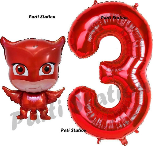 Pijamaskeliler Baykuş Kız Balon 3 Yaş Doğum Günü Set Pjmasks Konsept Balon Ve Kırmızı Rakam Balon