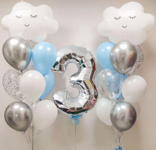Gökyüzü Bulut 3 Yaş Balon Set Yıldız Balon Folyo Set Konsept Doğum Günü Set Yaş Balon Set
