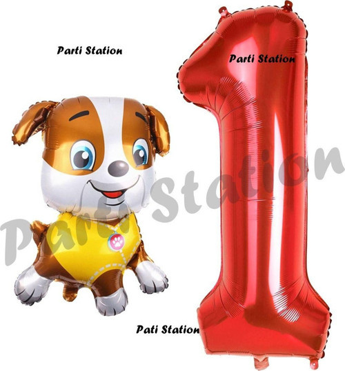 Paw Patrol İnşaat Köpek Rubble 1 Yaş Balon Ve Kırmızı Rakam Balon Doğum Günü Parti Set