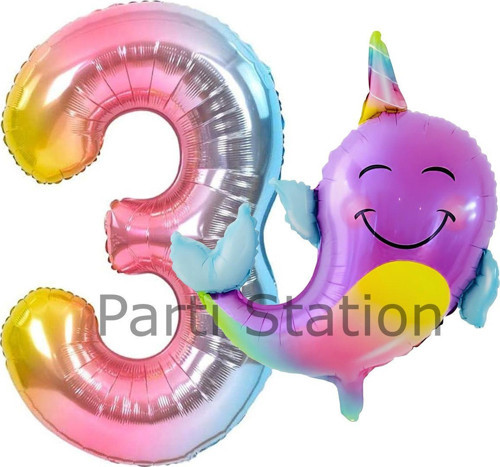 Unicorn Balina Balon 3 Yaş Set Okyanus Konsept Unicorn Yunus Balığı Ve Renkli Rakam Balon Set