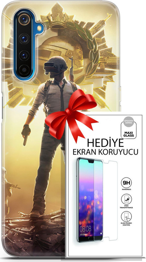 Realme 6 Pro Kılıf Orijinal Seri Pubg 08 Kasklı Baskılı Kılıf + Ekran Koruyucu
